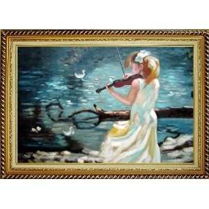  Young Girl Plays Violin in the Lakeside Oil Painting, with 