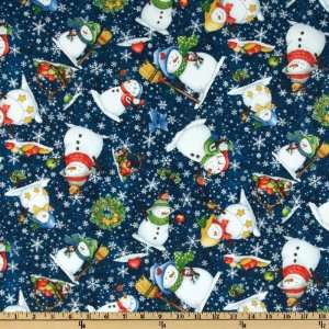  44 Wide Critter Christmas Snowmen Blue Fabric By The 