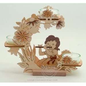  Floral Glass Candle Stand with Girl Playing Flute