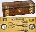 Exceptionally Fine Antique French Silver Vermeil Sewing Set in Leather 