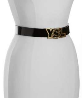 Yves Saint Laurent black patent leather bubble logo buckle belt 