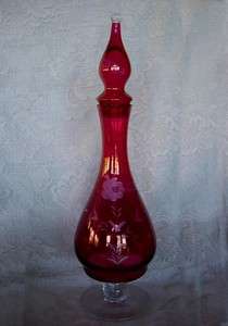 Impressive Ruby Red Stained Cut to Clear Daisy Footed Wine Decanter 