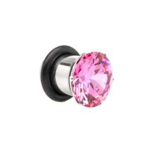  0 Gauge Stainless Steel Pink Cubic Zirconia Plug Jewelry