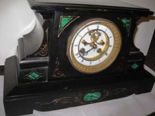 French black mantle clock w/ Marble Inlays   Circa 1890  