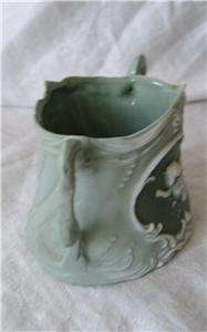 Antique Art Nouveau Green Porcelain Small Handled Vase Cherub 