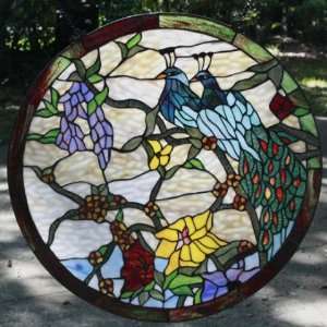  Tiffany Stained Glass Transom Window Panel Peacock Pair 
