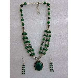   Indian Silver and Green Jade Necklace Pendant and Earrings 3pc Set