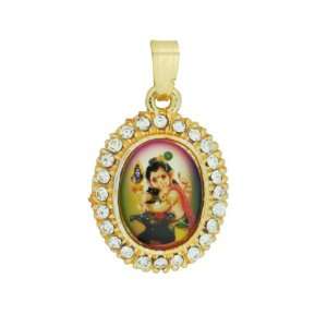 Colorful Baby Ganesh Pendant in Yellow Metal with Artificial Stones