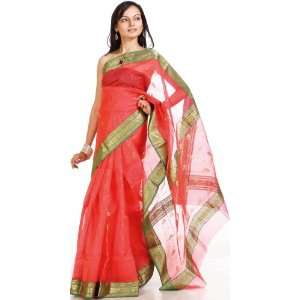  Vermilion Red Chanderi Sari with Brocaded Border   Pure 