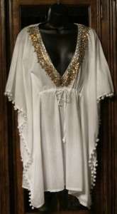 Victorias Secret $69.50 WHITE Embellished Cotton Caftan Cover Up Tunic 