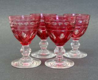 Set of 4 Red Cut to Clear Cordial Glasses Ruby  
