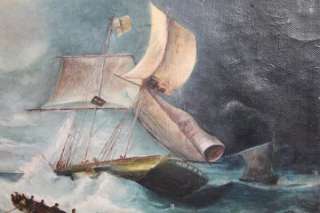 Interesting antique european large oil painting sea scene  