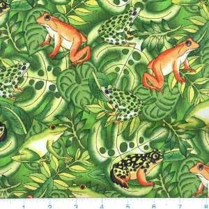  45 Wide Rainforest Frogs & Foliage Green Fabric By The 