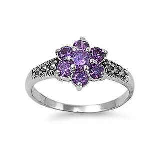   Engagement Ring Amethyst CZ Plumeria Marcasite Ring 10MM ( Size 5 to 9