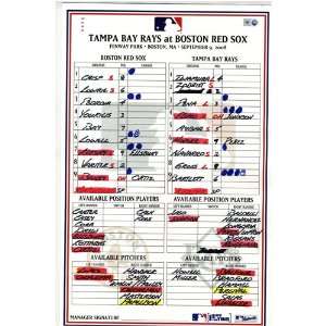  Rays at Red Sox 9 09 2008 Game Used Lineup Card (MLB Auth 