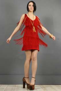   70s do 20s Bright Red FLAPPER Fringe DECO Thin Mini Party Dress S/M