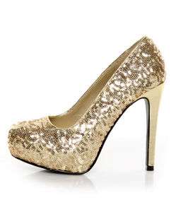   Delicous Fashion Hidden Platfrom Stiletto Heel Gold Sequins Dress Pump