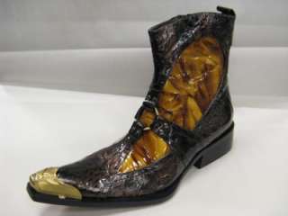NIB Mens Fiesso Brown,Patent,Pointed Toe,Gold Metal Tip,Boots w 