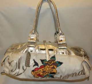Ed Hardy Love is Mystery Canvas Satchel Bag Purse Handbag Off White 