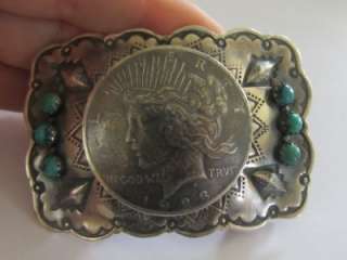  Buffalo Dancer Peace Dollar Sterling Silver Turquoise Belt Buckle