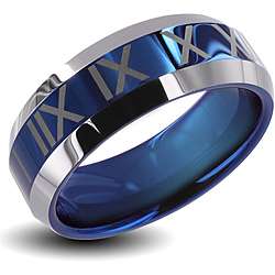 Mens Tungsten Carbide Blue Center Roman Numeral Design Ring (8 mm 