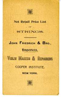 1890s Price List of Violin Strings J Friedrich New York  