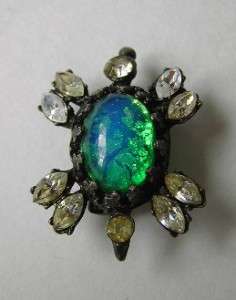   LACE FACETED GREEN OPAL JELLY BELLY RHINESTONE TURTLE BROOCH  