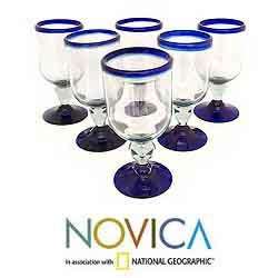 Set of 6 Blown Glass Cobalt Joy Wine Glasses (Mexico)   
