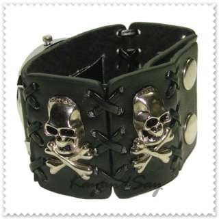 K019 Black Skull Leather Wrist Watch Hand Cuff Bracelet  