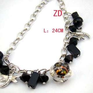 a0175 Lady Black Lampwork Glass Pearl Beads Link Chain Bracelet 
