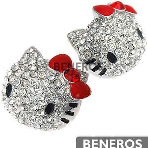   Large Silver Hello Kitty Stud Earrings Red Bow with Swarovski Crystals