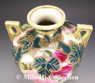 NIPPON HAND PAINTED ROSES HANDLED VASE  