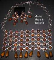 CHANDELIER NECKLACE AND EARRING SET BROWN & SILVER  