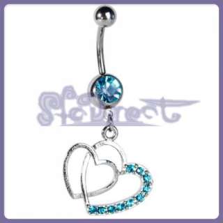 Double Romantic Heart Dangle Jewelry Belly Ring CZ GEM  