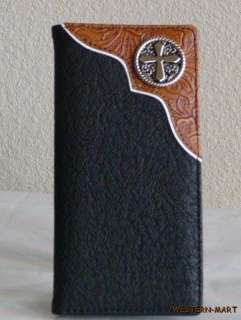   WESTERN BLACK TAN TOOLED SILVER CROSS CONCHO CHECKBOOK RODEO WALLET
