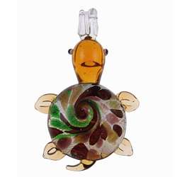 Murano style Glass Brown and Green Spotted Turtle Pendant   