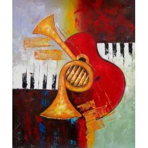  French Horn, Trumpet, Guitar and Piano Oil Painting on 