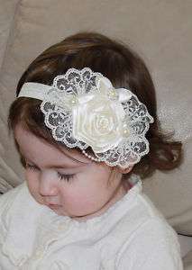 Baby Ivory Cream Rose Lace Flower Pearl Headband Photo  