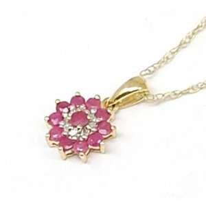    9ct Gold Ruby Diamond Flower Pendant, 18 Fine Chain Jewelry
