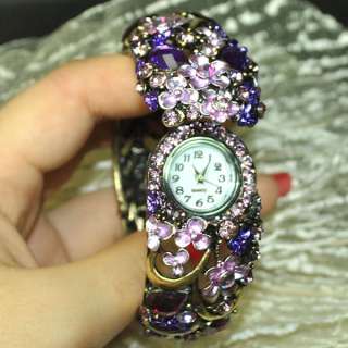 Purple swarovski crystal flower bracelet watch 0080  