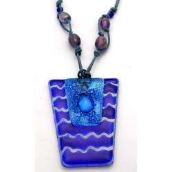 Cotton and Fused Glass Blue/ White Wavy Line Trapezoid Necklace (Chile 