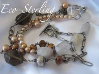    Long Sterling Smoky & Rutilated Quartz Copper Pearl Necklace  