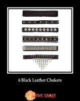   of Six 6 Black Leather Chokers Necklace Studs Spikes Biker Punk Goth