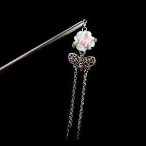  Polymer Rose Hair Stick with Butterfly Tassels White 