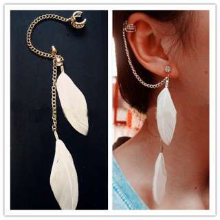 FAB GOLD WHITE FEATHER EAR CUFF STUD EARRINGS CHAINS BOHO GOTHIC PUNK 