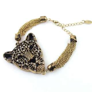 Gold Tone Rhinestone Huge Leopard Head Bracelet 7.5 10  