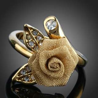 Golden Rose Flower Rhinestone Rings Swarovski Crystal 18k Yellow Gold 