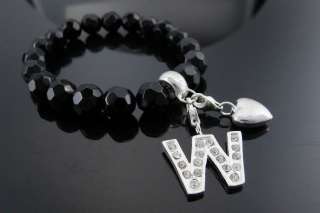 CRYSTAL SILVER Letter A   Z & HEART CHARM +BLACK ONXY CHARM CARRIER 