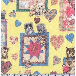  45 Wide Puppies Kittens & Quilts Yellow Fabric By The 
