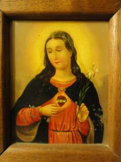 Antique 19th CENT. PAINTING ON METAL SACRED HEART OF MARY  